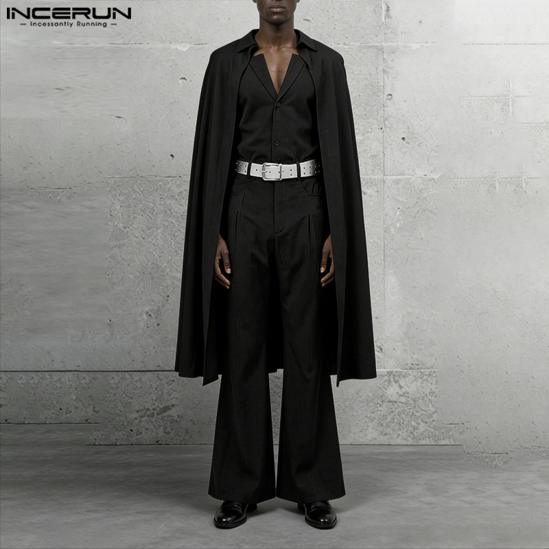 Men'S Fashion And Style - ชุดเซ็ตผู้ชาย INCERUN สีพื้น ปกเสื้อแบบปกเชิ้ต แขนยาว เสื้อคลุมทรงยาว