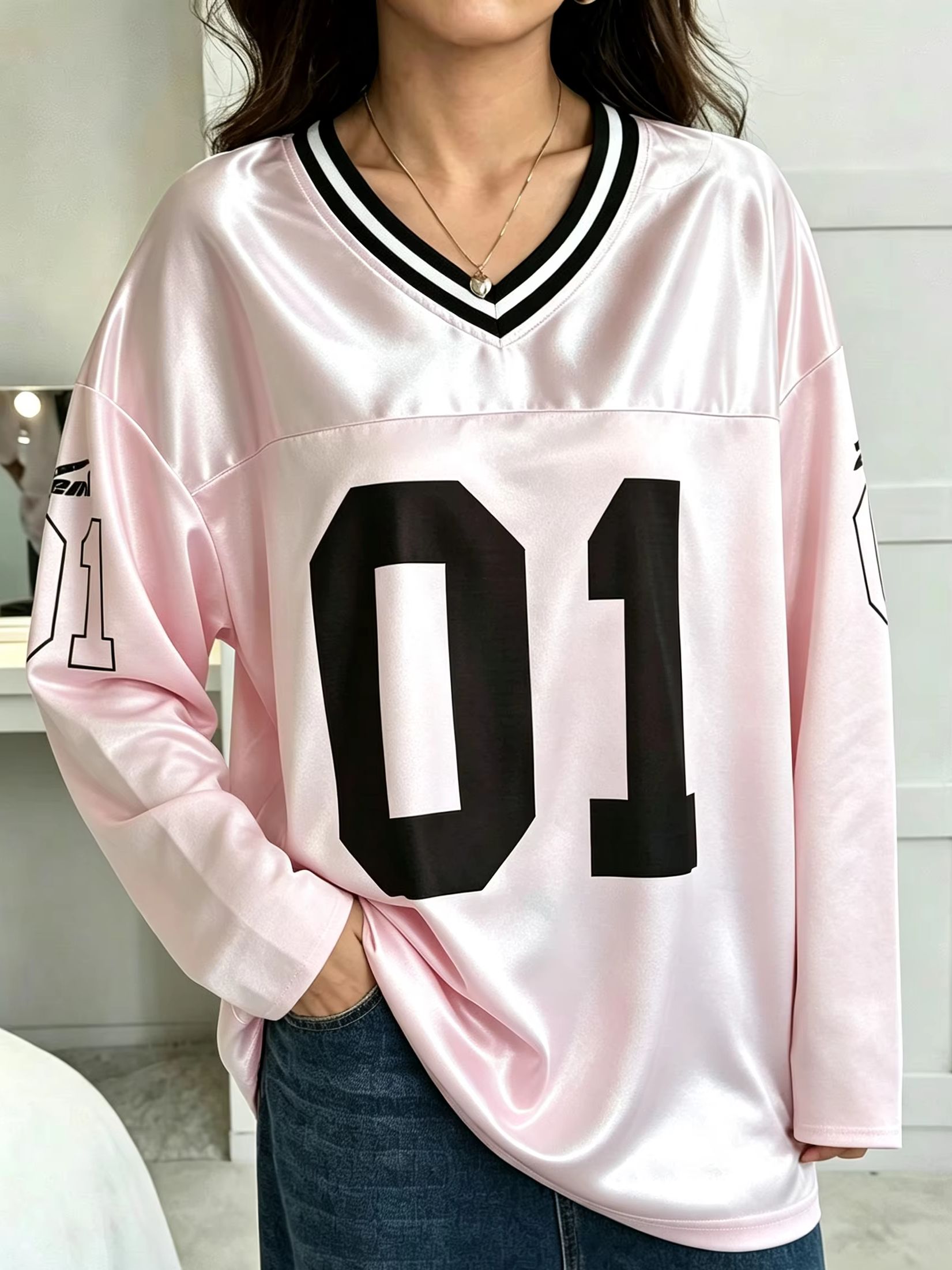 Men'S Tops Fashion - เสื้อยืดแขนยาวผู้ชายผู้หญิงสไตล์วินเทจ ทรงโอเวอร์ไซส์ พิมพ์ลายเลข 01 คอวี แฟชั่นสปอร์ต