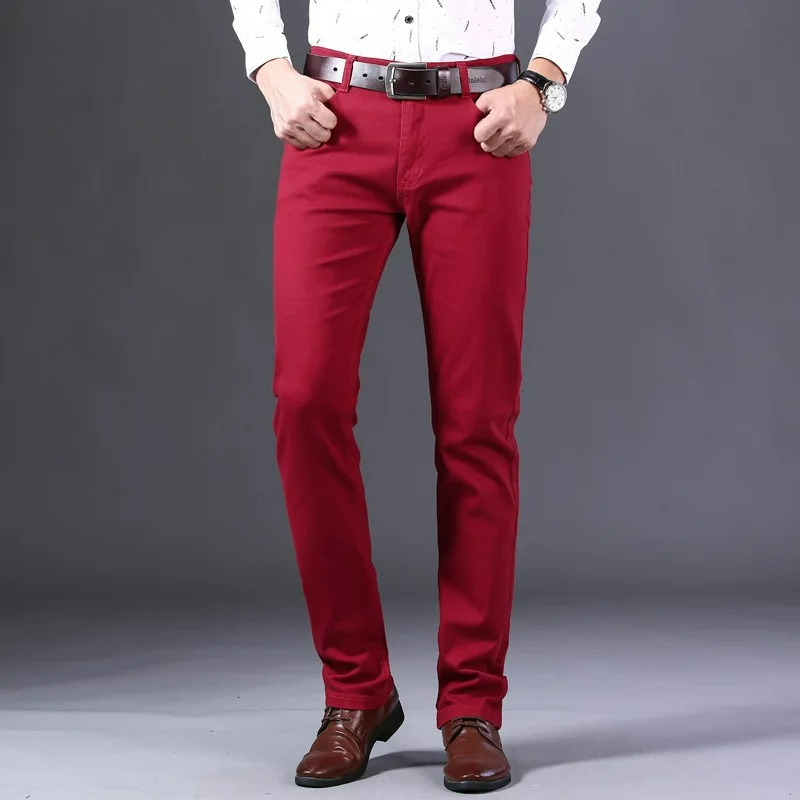 Men'S Fashion Reviews - แบรนด์สไตล์คลาสสิก กางเกงยีนส์สีแดงไวน์สำหรับผู้ชาย แฟชั่นลำลองสไตล์ธุรกิจ กางเกงยีนส์ทรงตรงแบบยืด กางเกงยีนส์ชาย รีวิวเกาหลี