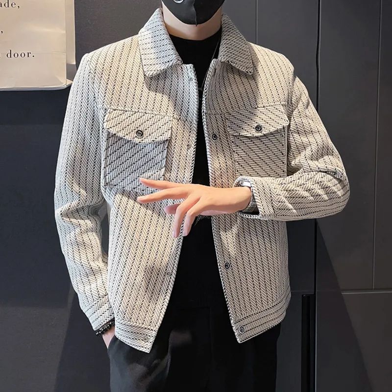 Men'S Fashion Reviews - เสื้อโค้ทขนสัตว์ผสมลายทางสีขาวสำหรับผู้ชาย ลดราคาช่วงฤดูหนาว เสื้อแจ็คเก็ตแฟชั่นผู้ชาย ปี 2025 สไตล์