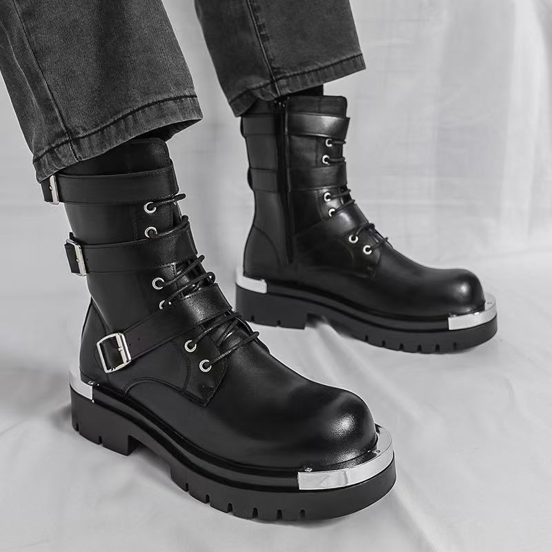 Men Fashion Elegant - รองเท้าบูทข้อเท้าผู้ชายคุณภาพสูง รองเท้าหนังวัยรุ่น สไตล์มอเตอร์ไซค์ หัวเข็มขัดโลหะ ดีไซน์หรูหราและทันสมัย สไตล์พังก์ร็อก