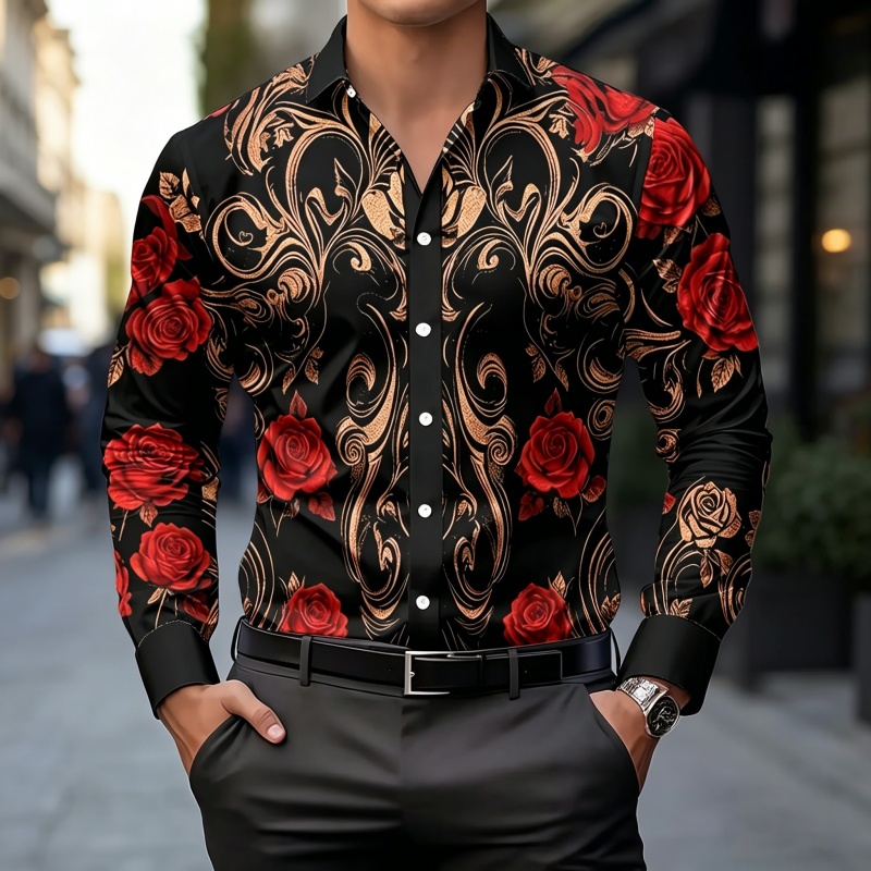 Men'S Tops Fashion - เสื้อเชิ้ตแฟชั่นผู้ชายปี 2026 ลายพิมพ์หรูหราสไตล์เรโทร ทรงเข้ารูป แขนยาว เสื้อเชิ้ตทำงานลำลองแฟชั่นสำหรับผู้ชาย