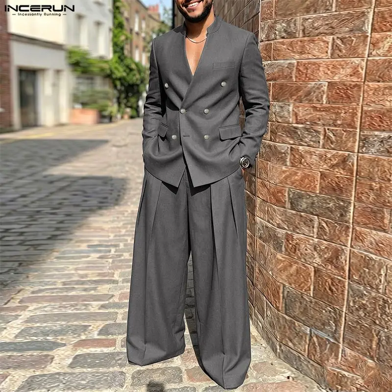 Men Fashion Elegant - ชุดเซ็ตผู้ชาย INCERUN สีพื้น คอวี แขนยาว เสื้อเบลเซอร์และกางเกง
