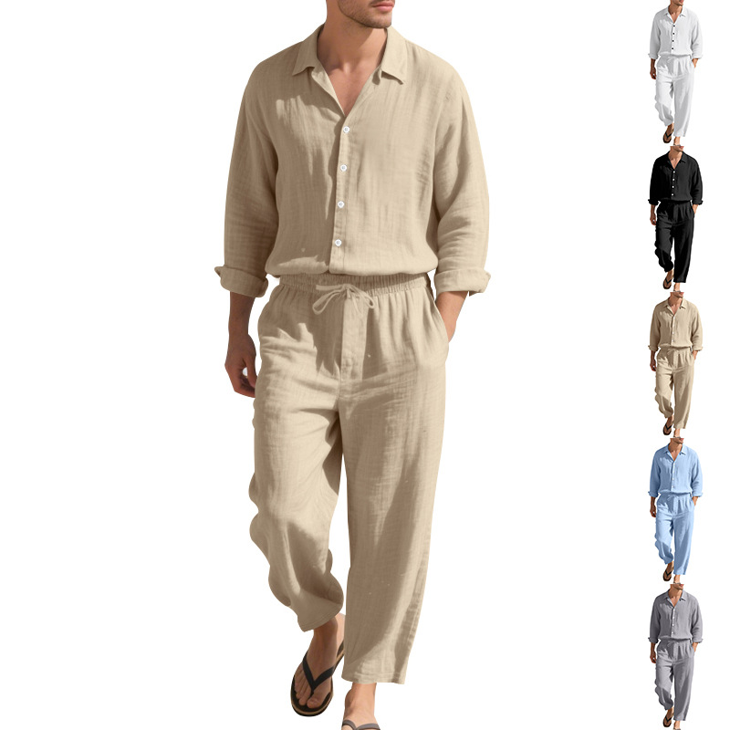 Men'S Fashion Essentials 2025 - 2025 Four Seasonsผ้าลินินผู้ชายชุดลําลองแฟชั่นหลวมเสื้อแขนยาว + กางเกง2SetชายหาดLeisure Essential