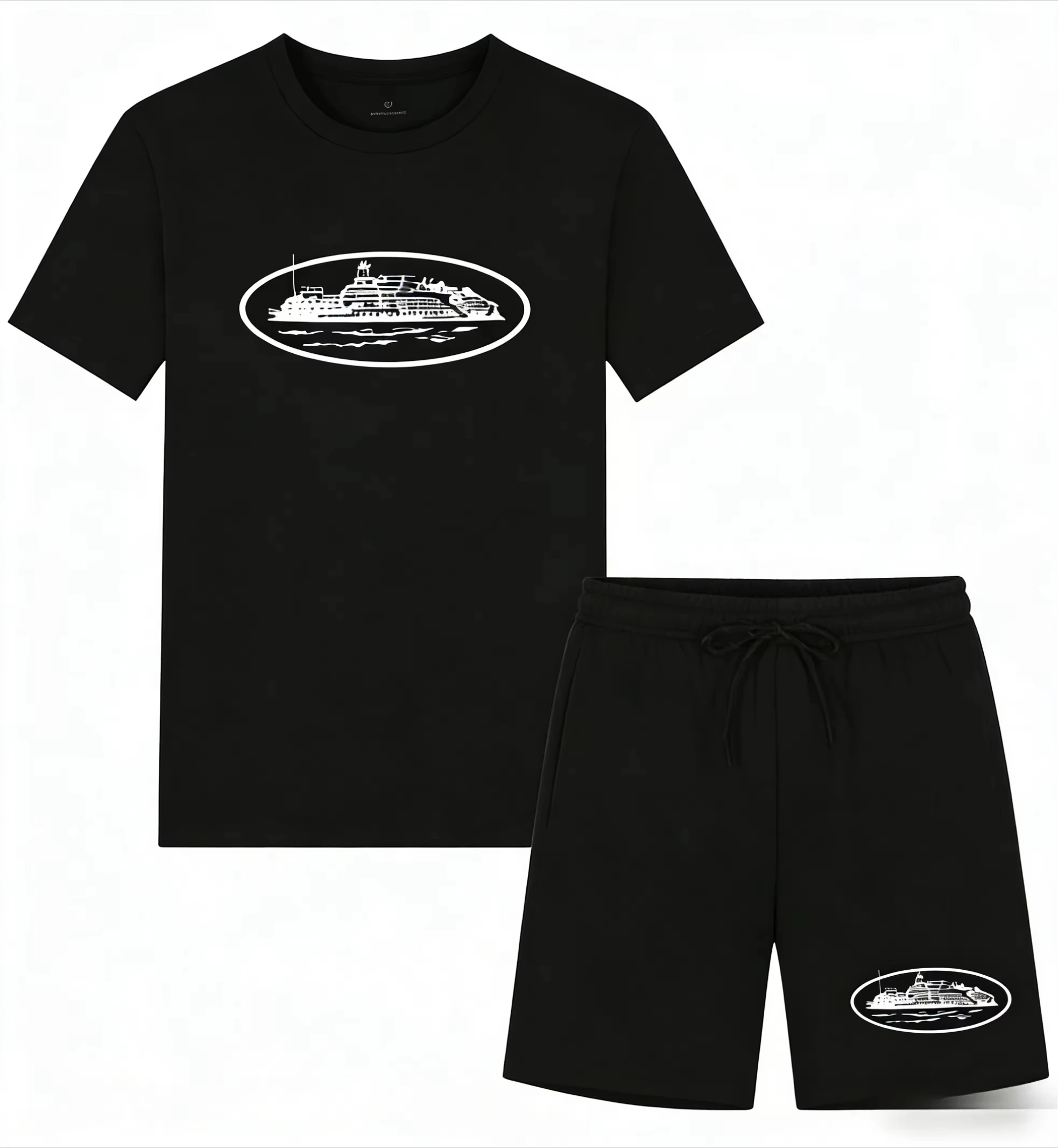 Men'S Fashion Brand - เสื้อยืดและกางเกงขาสั้นพิมพ์ลายเรือเล็กๆ รุ่นใหม่ประจำฤดูร้อนปี 2026 ทรงหลวม คอกลม ระบายอากาศได้ดี