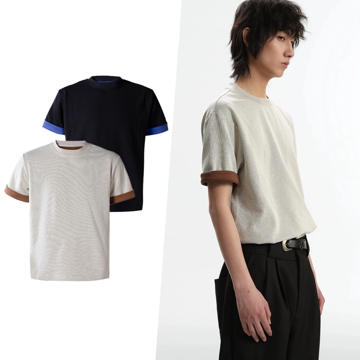 Men'S Fashion Reviews - เสื้อยืดแขนสั้นสำหรับผู้ชาย คอกลม แขนสั้น ตัดสีสไตล์วินเทจ เรียบง่าย แขนสั้น