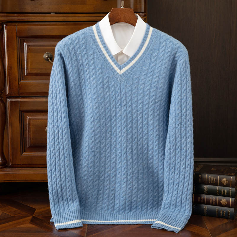Mens Fashion Mullet - เสื้อสเวตเตอร์แคชเมียร์แท้ 100% หนานุ่ม รุ่นใหม่สำหรับฤดูใบไม้ร่วงและฤดูหนาว คอวี ลายถัก