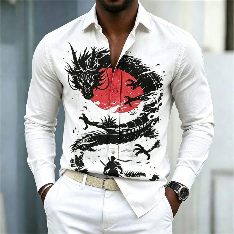 เสื้อเชิ้ตผู้ชายลายมังกรสีขาวด - Men'S Fashion And Style บทวิจารณ์และราคา
